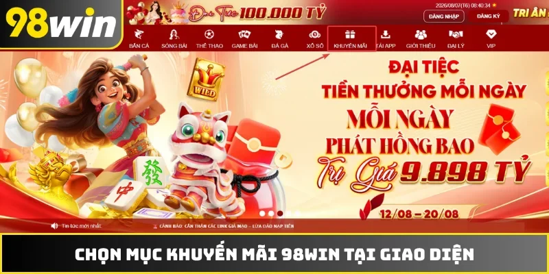 Chọn mục khuyến mãi 98WIN tại giao diện